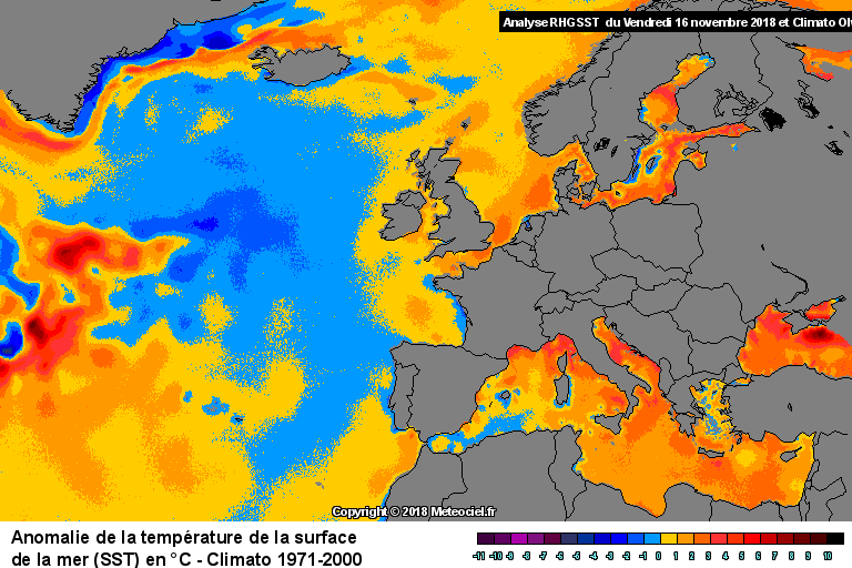 Anomalie de la temprature de la mer (SST) en Europe